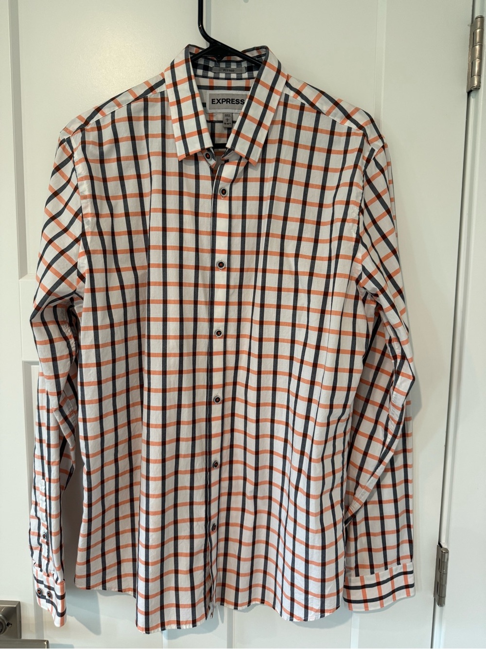 Express Men's White Button-Down Shirt with Orange and navy Plaid
